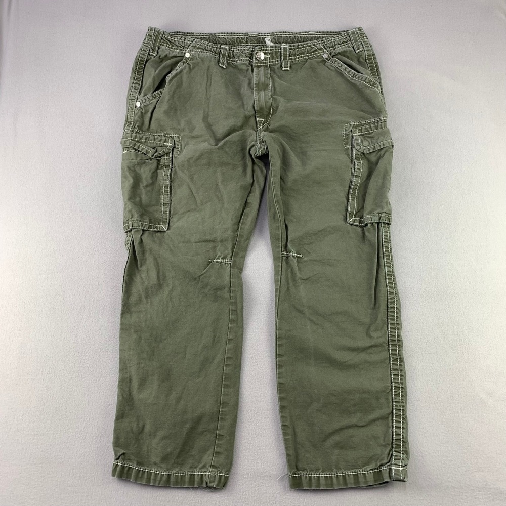 True Religion Cargo Pants Men 40 Green Big T Contrast Stitching Military Surplus